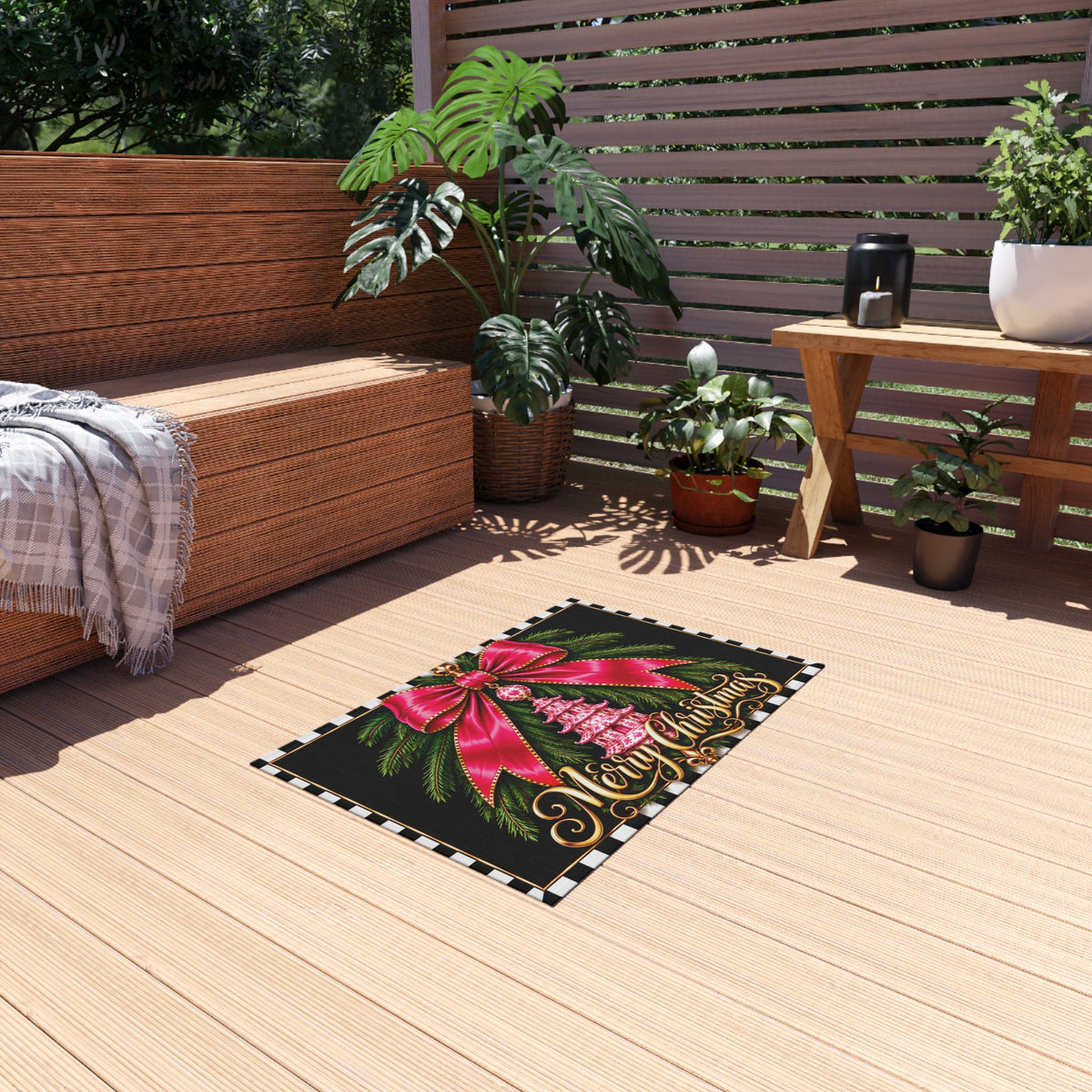 Outdoor Rug - pink chinoiserie pagoda merry Christmas