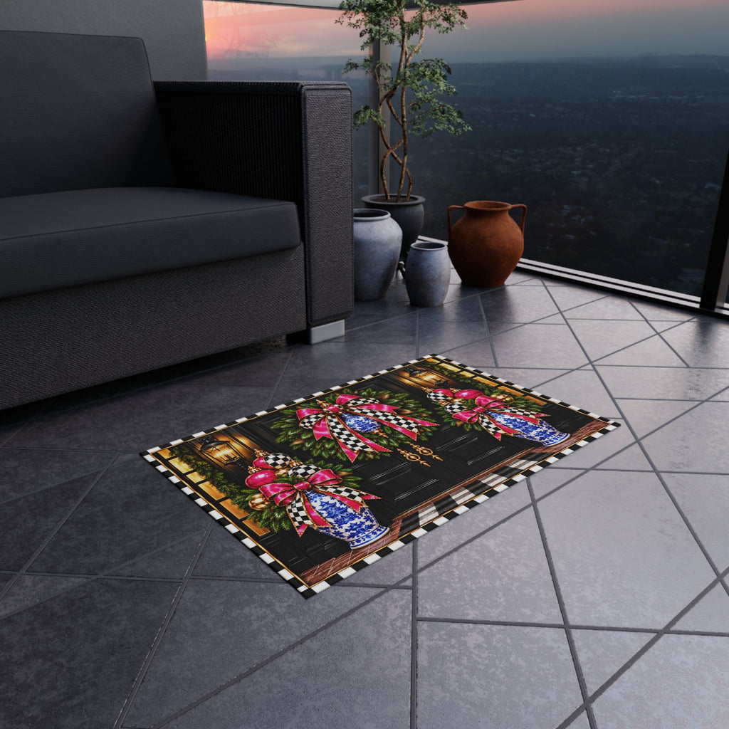 Outdoor Rug - black and white check pink bow blue chinoiserie