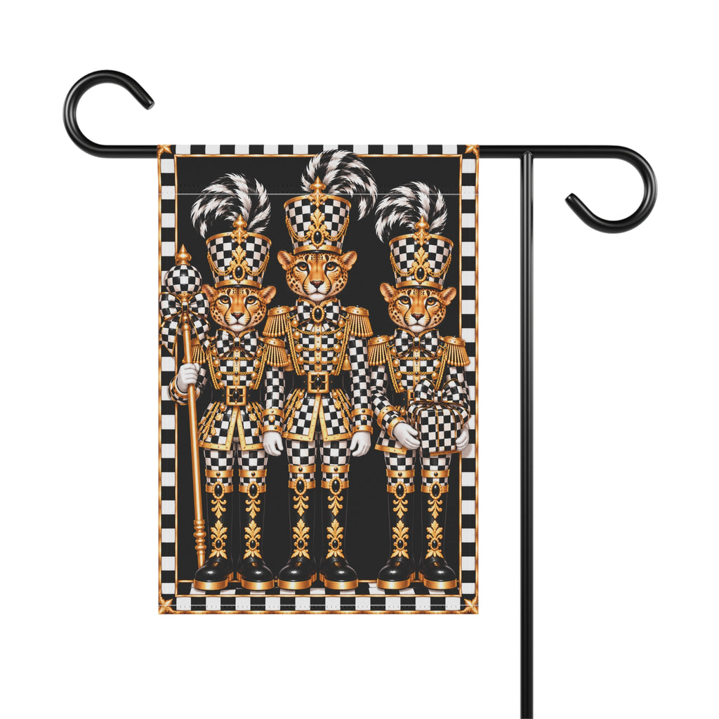 Garden Flag - black and white check cheetah nutcrackers
