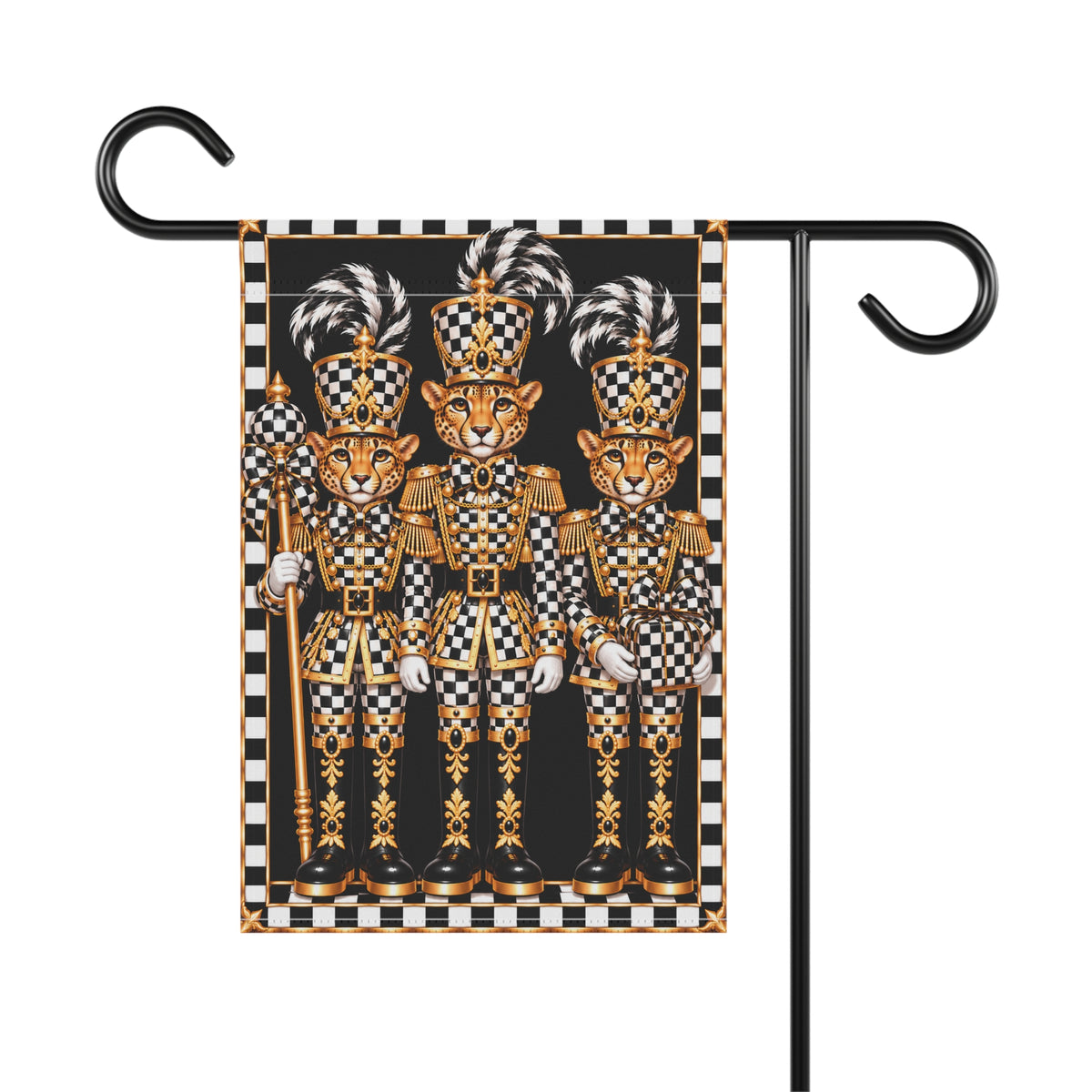 Garden Flag - black and white check cheetah nutcrackers