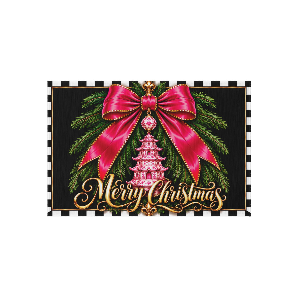 Outdoor Rug - pink chinoiserie pagoda merry Christmas