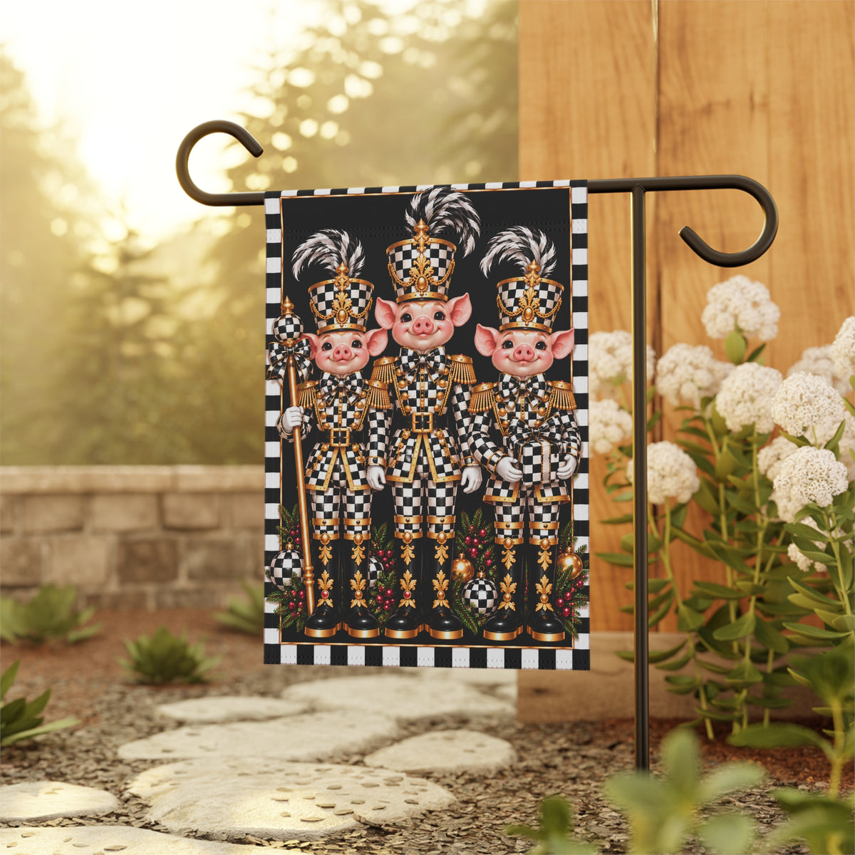 Garden Flag - black and white check pig nutcrackers
