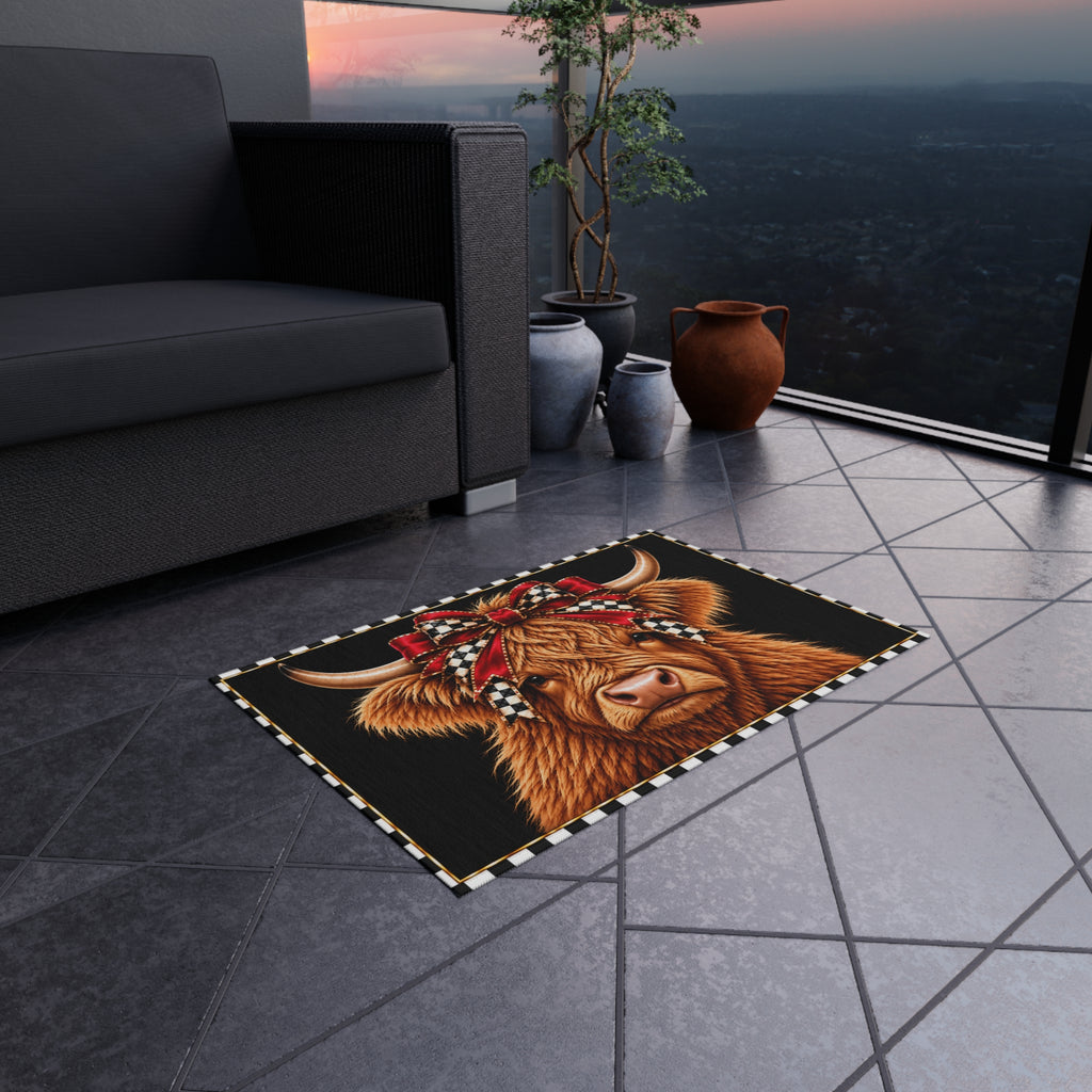 Outdoor Rug - black and white check red bow highland cow