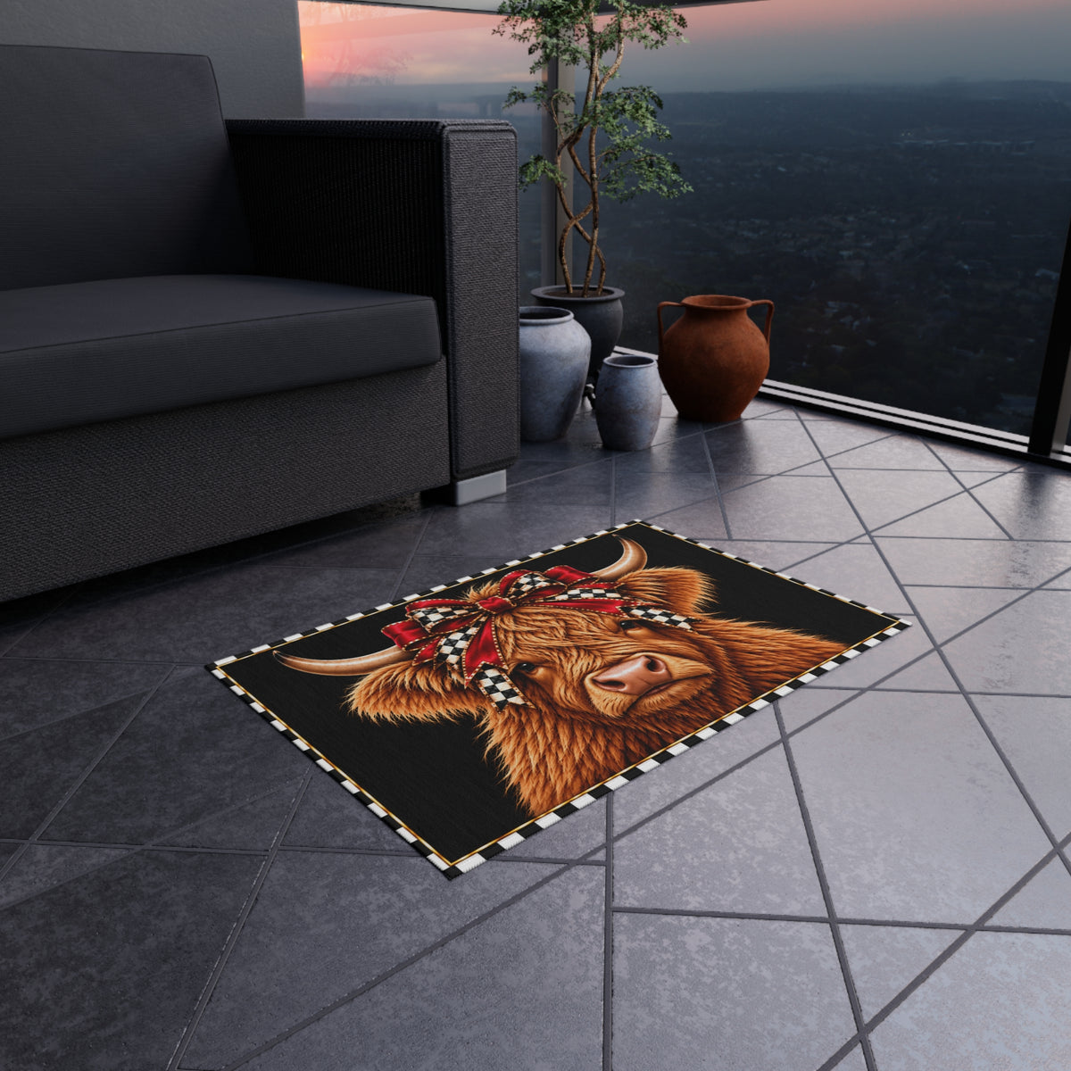 Outdoor Rug - black and white check red bow highland cow