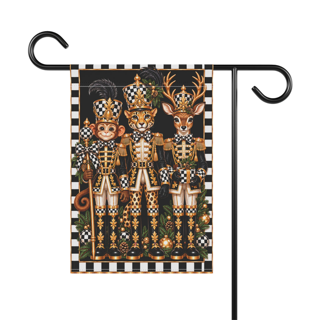 Garden Flag - black and white check monkey cheetah deer nutcrackers