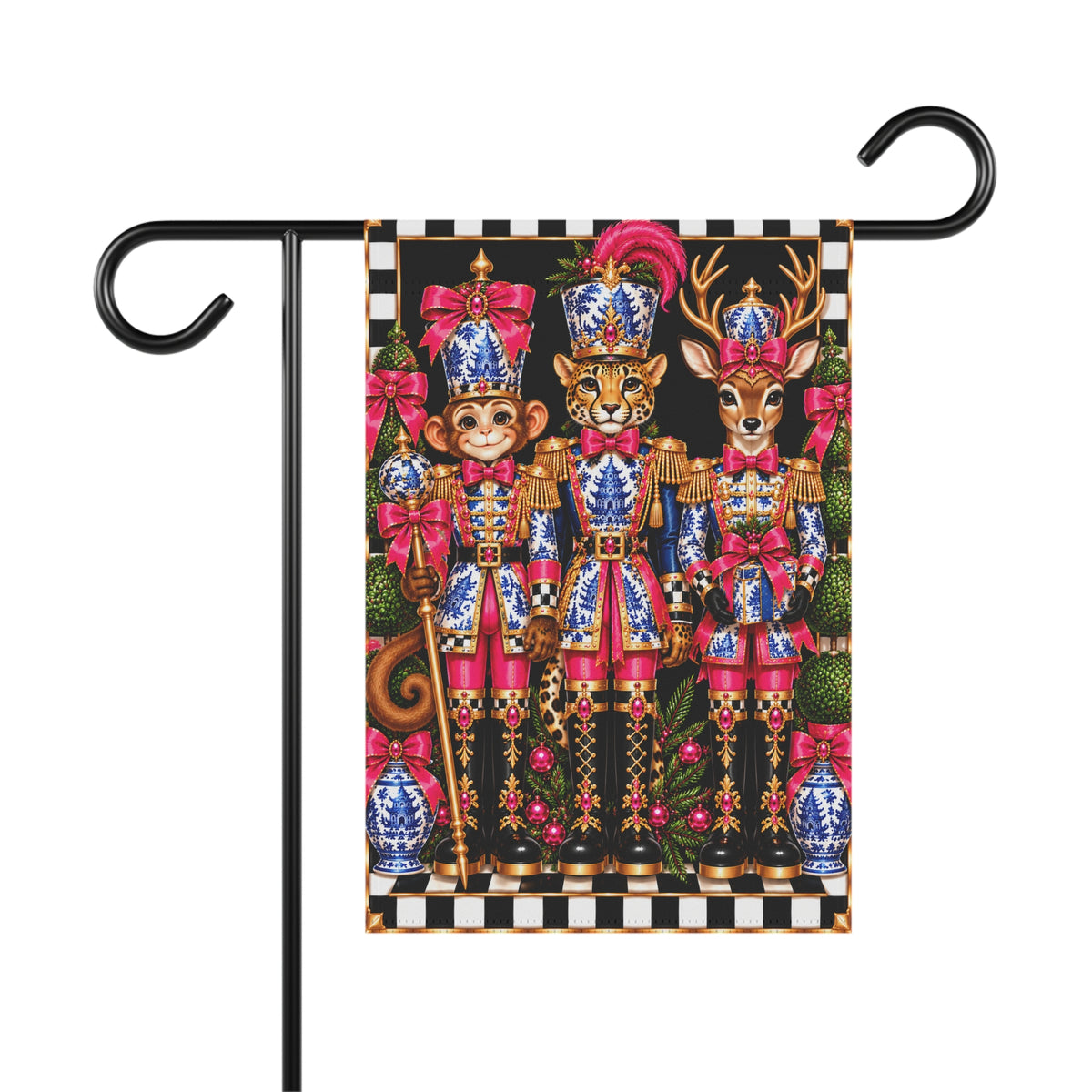Garden Flag - pink chinoiserie monkey cheetah deer nutcrackers
