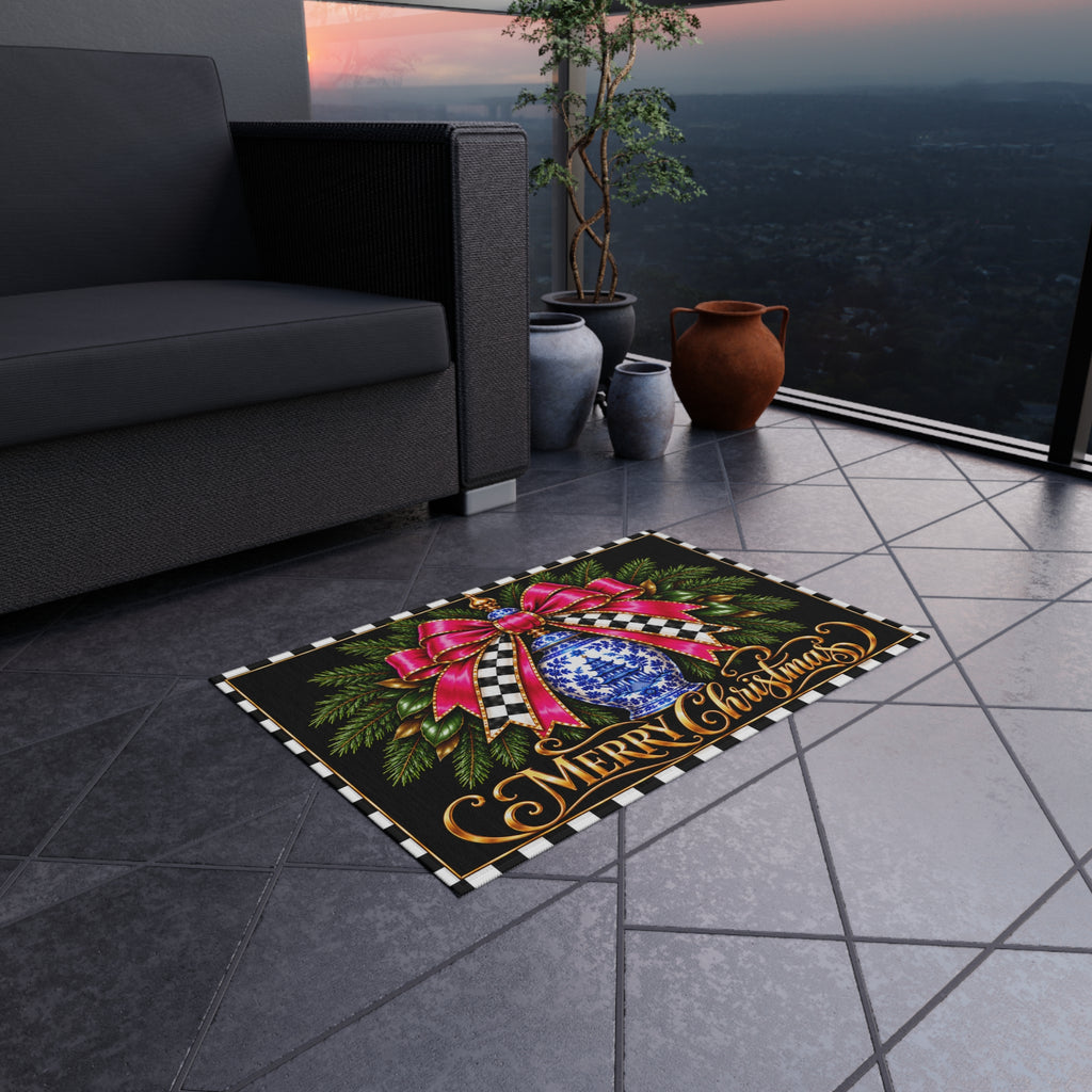 Outdoor Rug - black and white check pink bow blue chinoiserie merry Christmas
