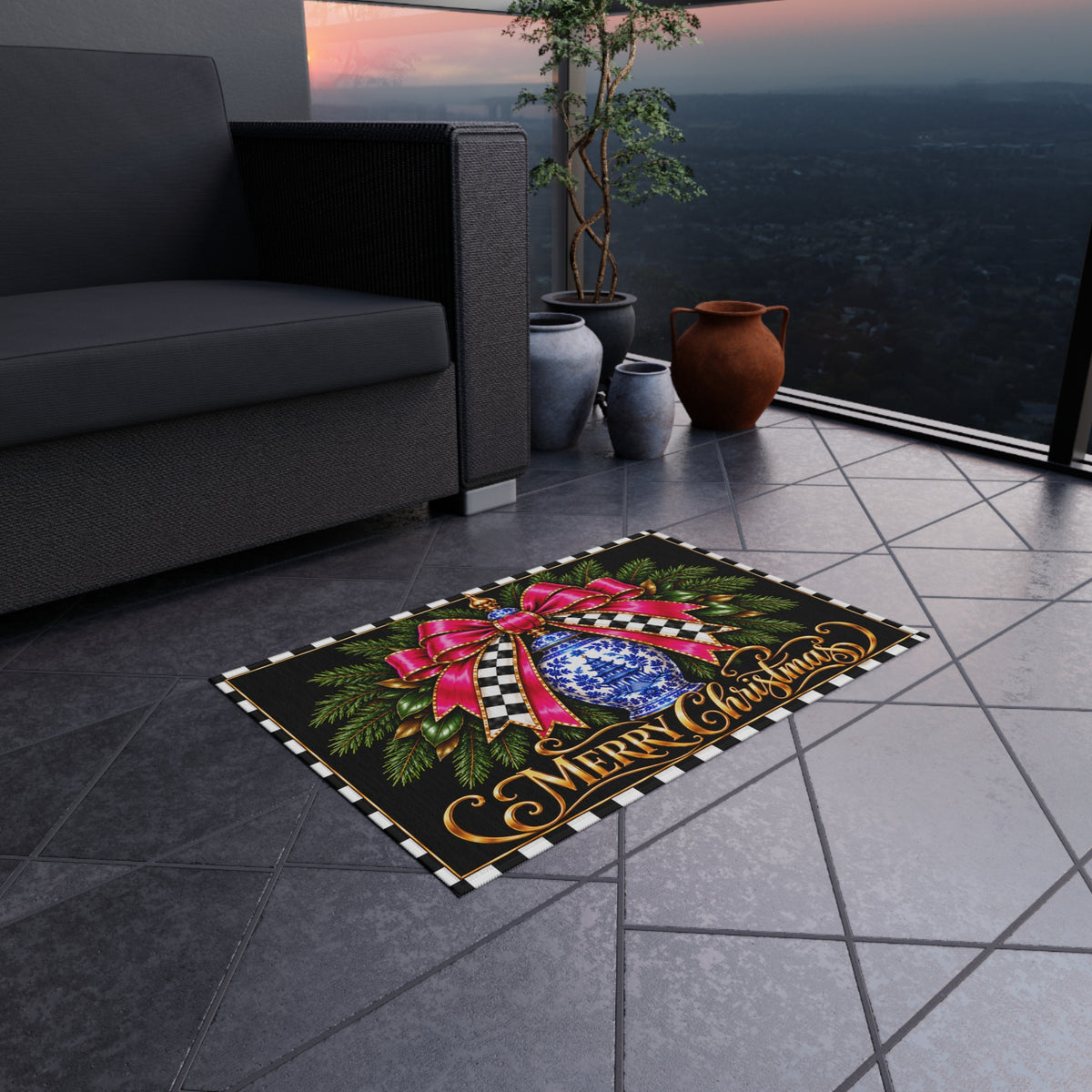 Outdoor Rug - black and white check pink bow blue chinoiserie merry Christmas