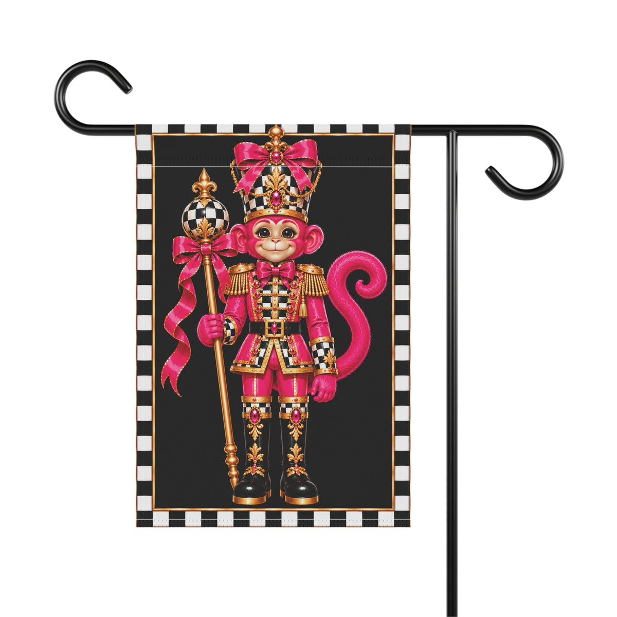 Garden Flag - pink black and white check monkey