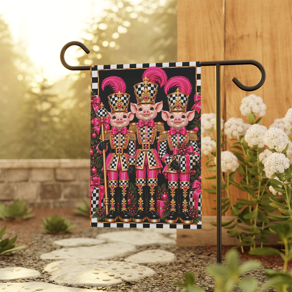 Garden Flag - black and white check pink pig nutcrackers