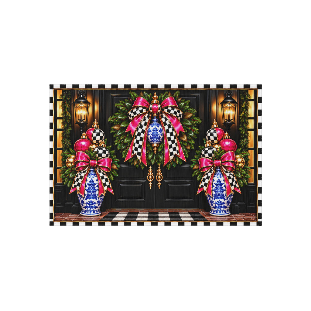 Outdoor Rug - black and white check pink bow blue chinoiserie