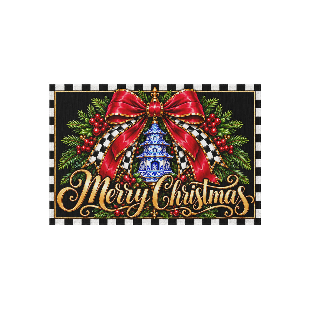 Outdoor Rug - black and white check red bow blue chinoiserie pagoda merry Christmas