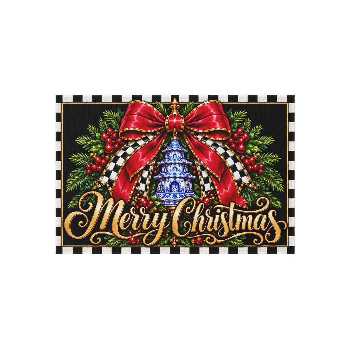 Outdoor Rug - black and white check red bow blue chinoiserie pagoda merry Christmas