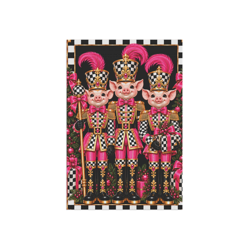 Garden Flag - black and white check pink pig nutcrackers