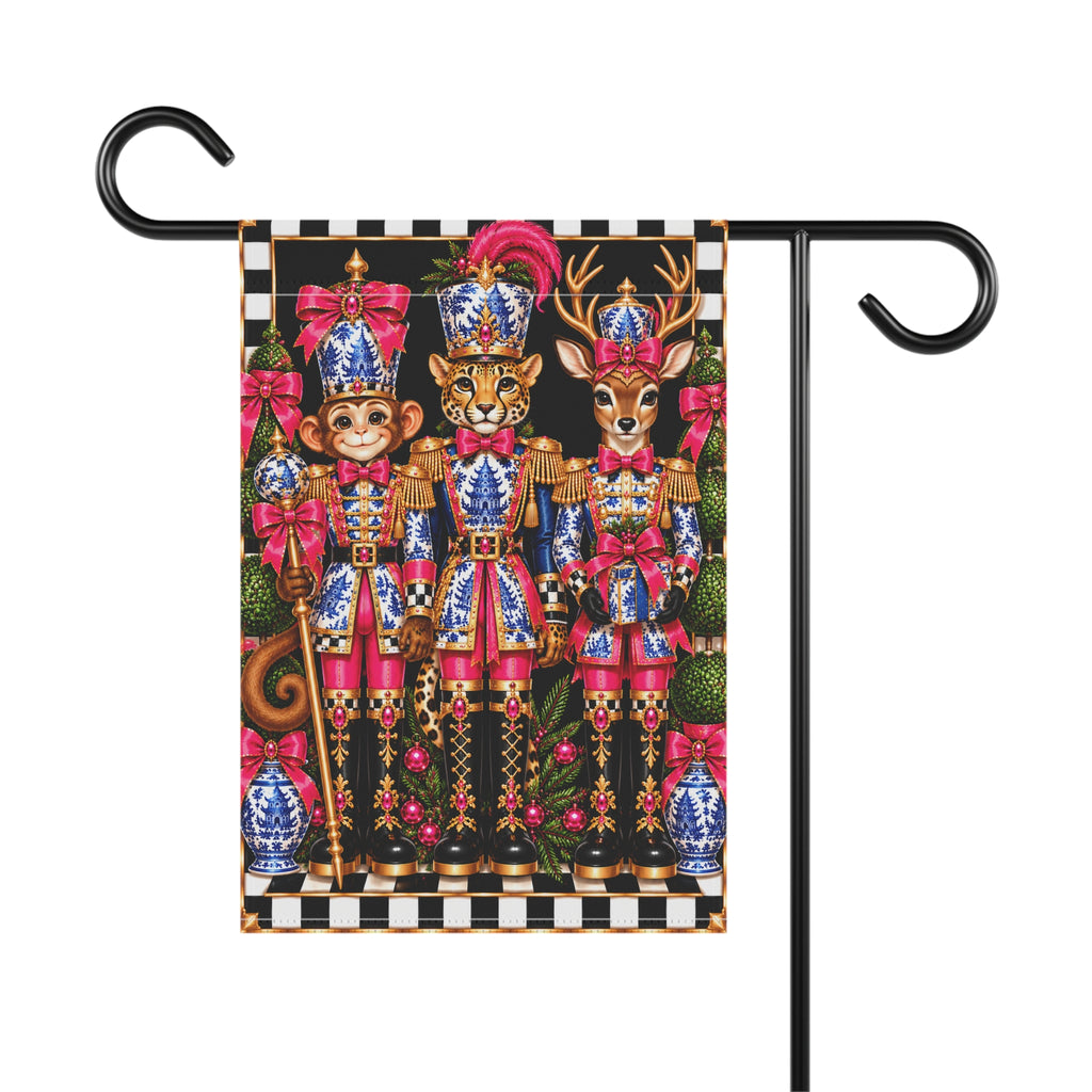 Garden Flag - pink chinoiserie monkey cheetah deer nutcrackers