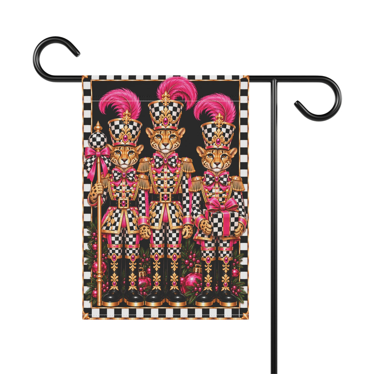 Garden Flag - pink black and white check cheetah nutcrackers