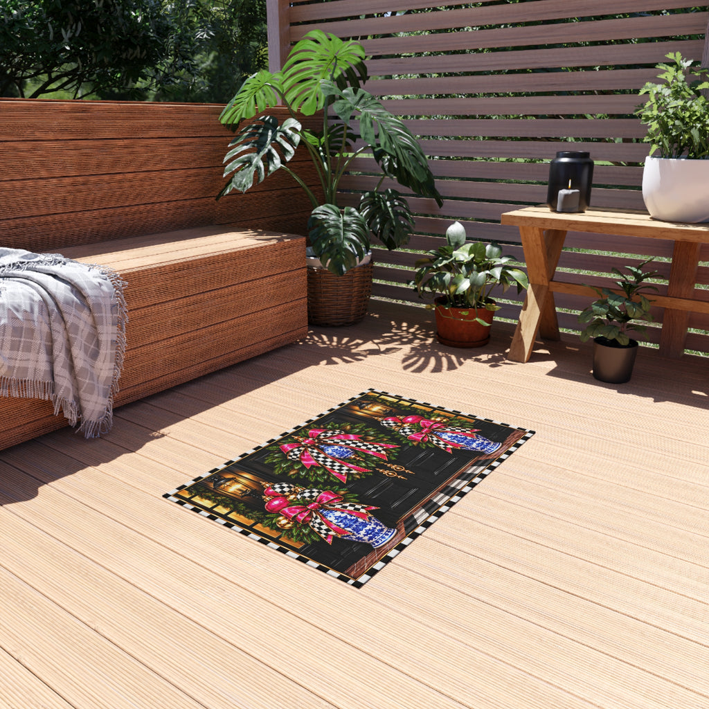 Outdoor Rug - black and white check pink bow blue chinoiserie