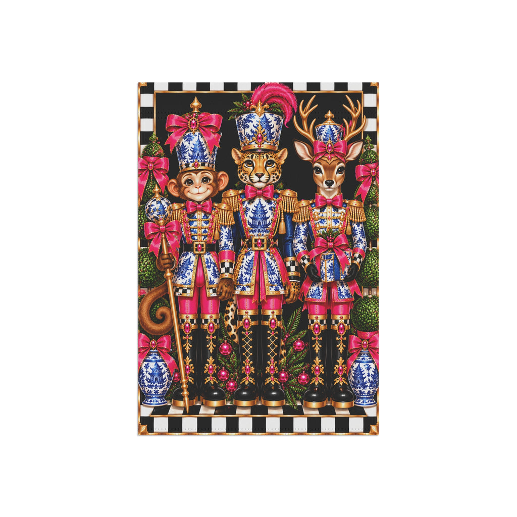 Garden Flag - pink chinoiserie monkey cheetah deer nutcrackers