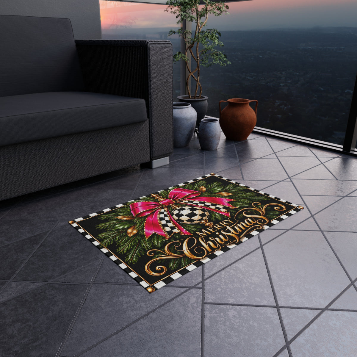 Outdoor Rug - black and white check pink bow merry Christmas