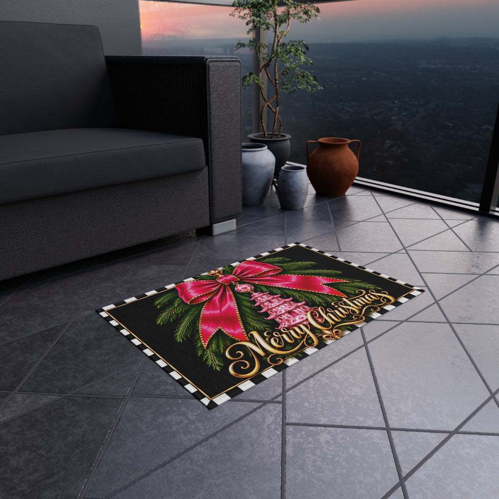 Outdoor Rug - pink chinoiserie pagoda merry Christmas