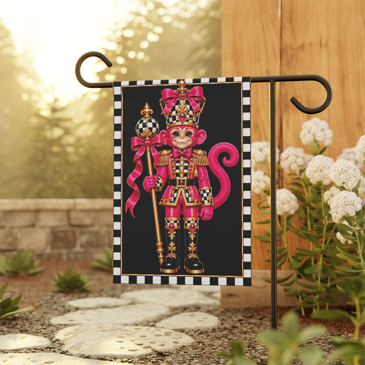 Garden Flag - pink black and white check monkey