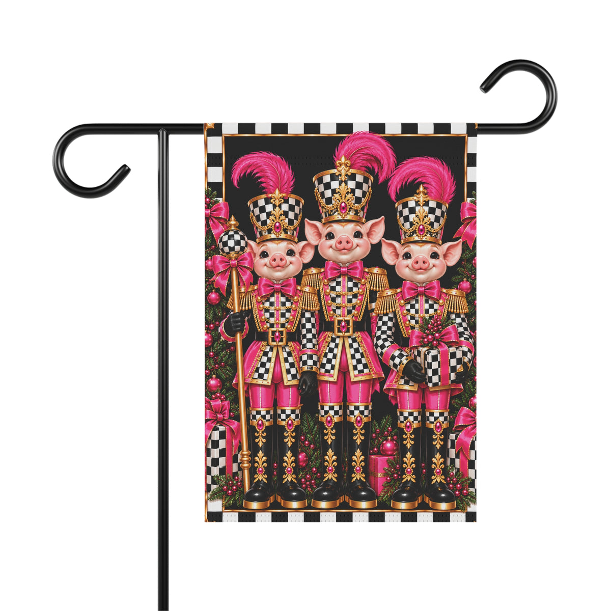 Garden Flag - black and white check pink pig nutcrackers