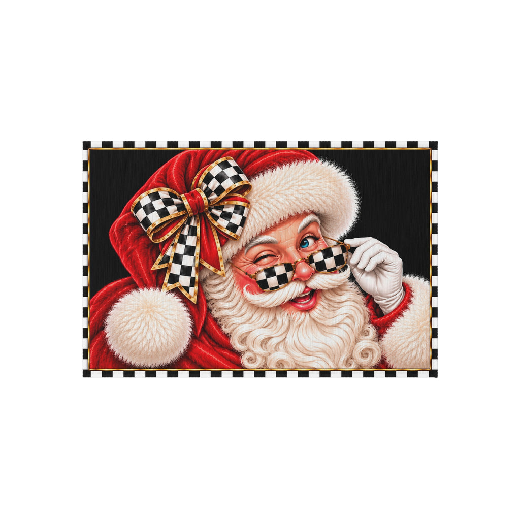 Outdoor Rug - black and white check red Santa