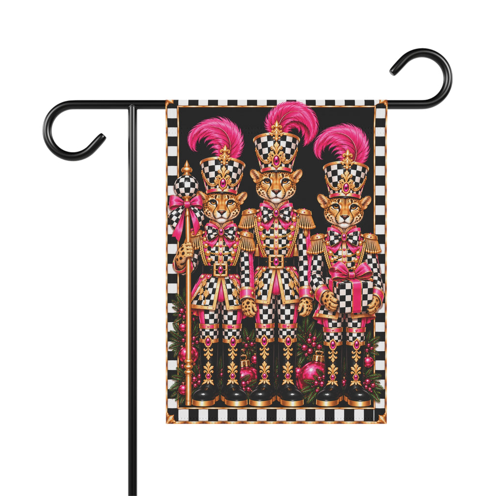 Garden Flag - pink black and white check cheetah nutcrackers