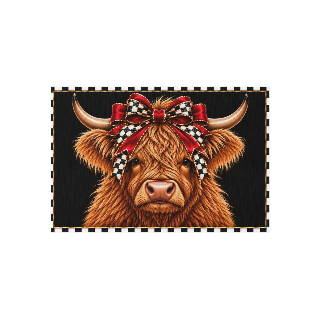 Outdoor Rug - black and white check red bow highland cow