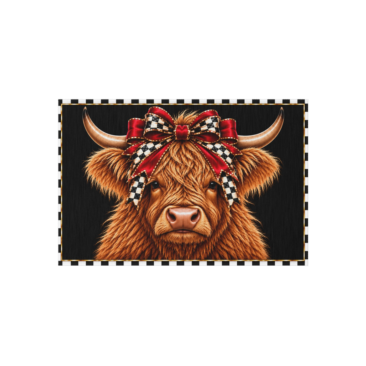 Outdoor Rug - black and white check red bow highland cow