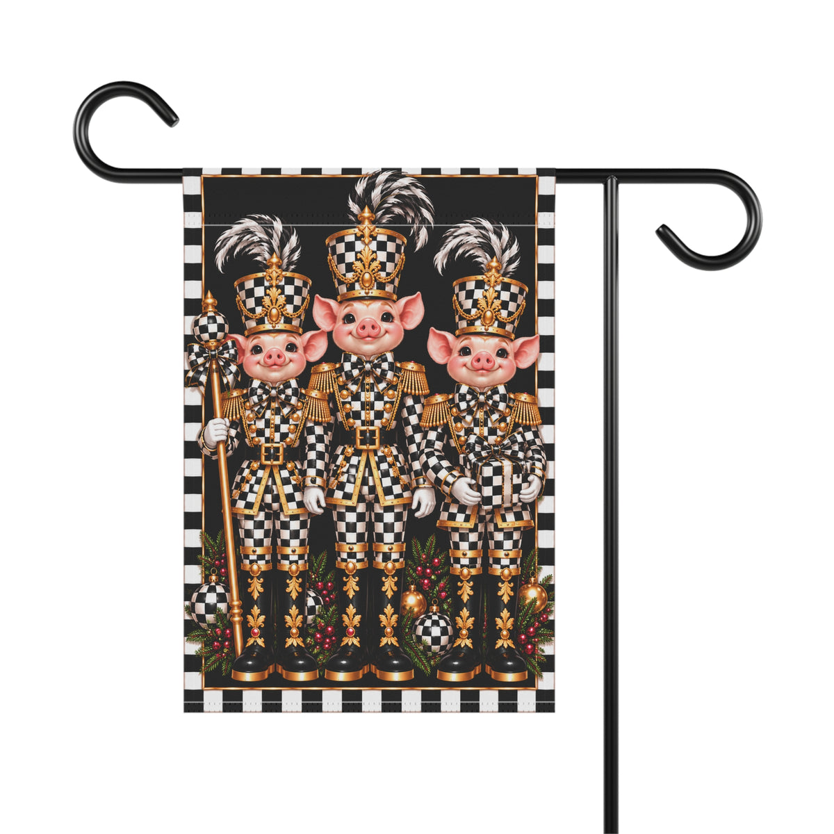 Garden Flag - black and white check pig nutcrackers