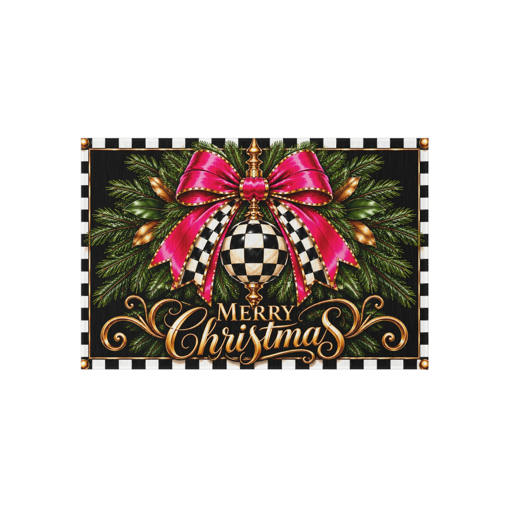 Outdoor Rug - black and white check pink bow merry Christmas