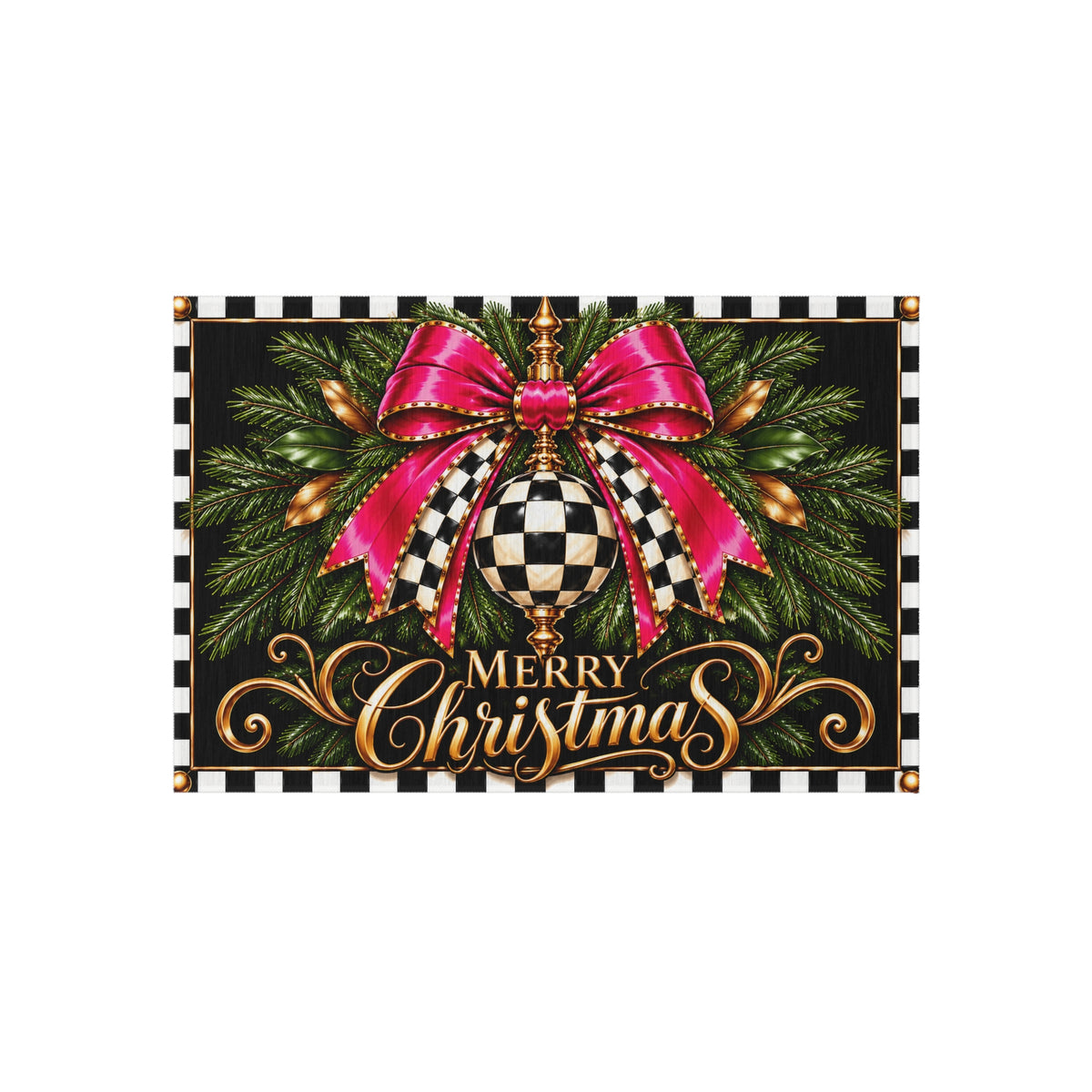 Outdoor Rug - black and white check pink bow merry Christmas