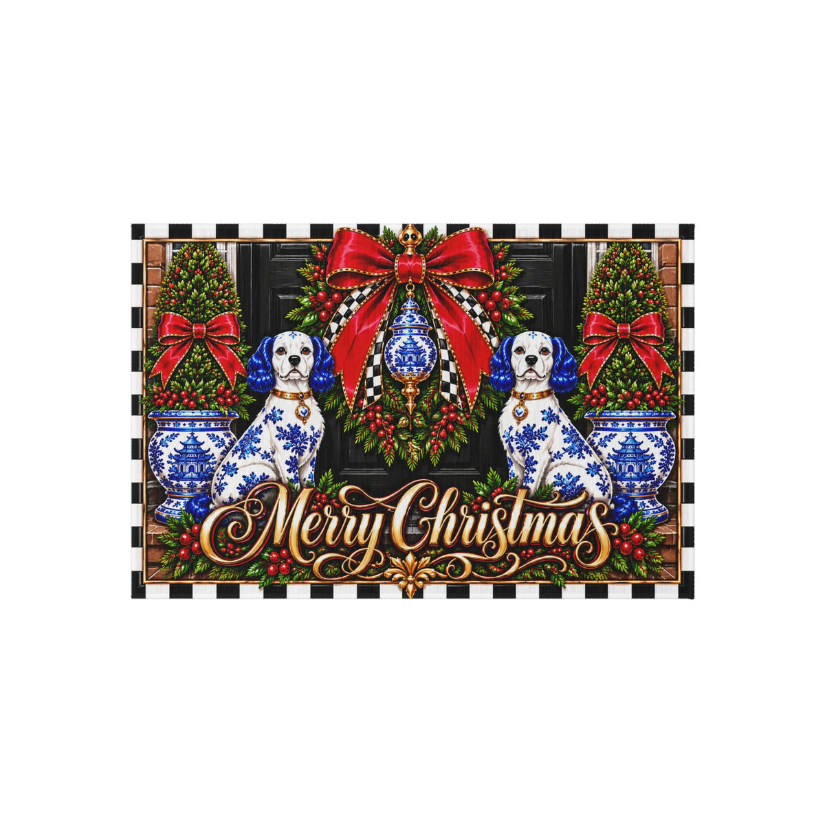 Outdoor Rug - blue chinoiserie staffordshire dog merry Christmas