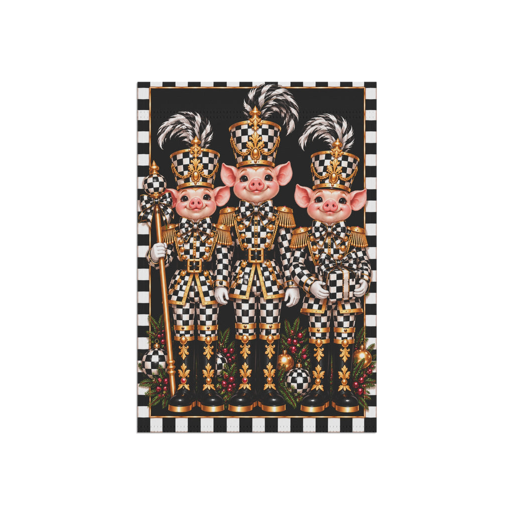 Garden Flag - black and white check pig nutcrackers