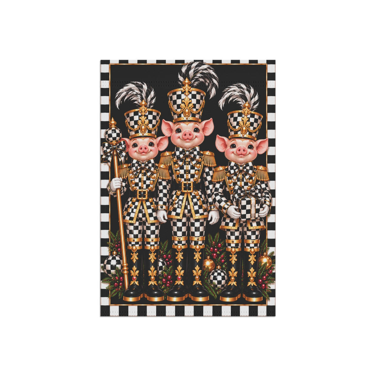 Garden Flag - black and white check pig nutcrackers
