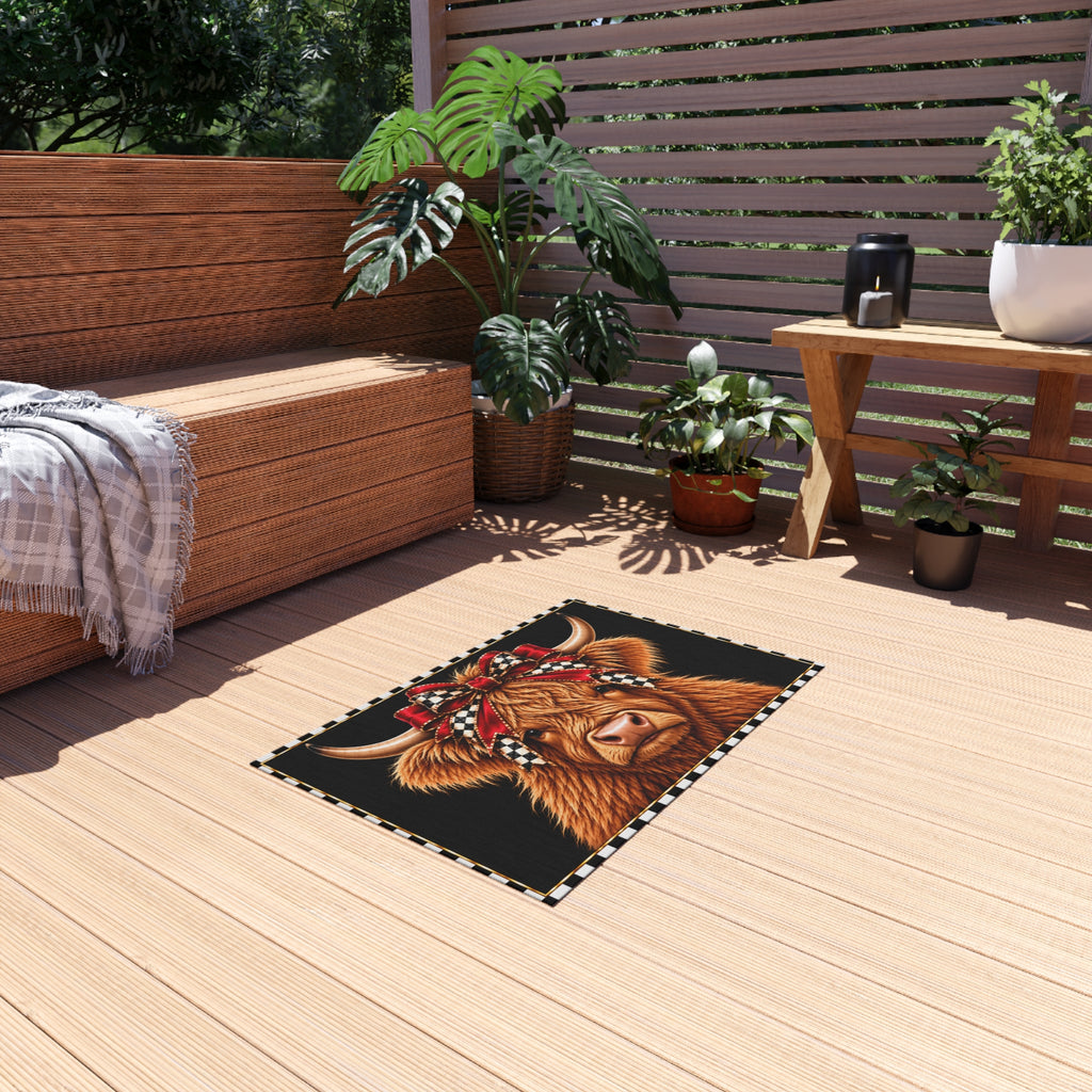 Outdoor Rug - black and white check red bow highland cow