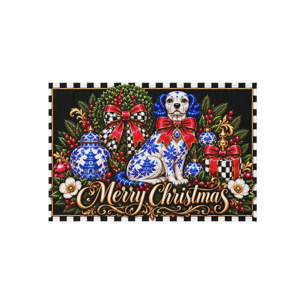 Outdoor Rug - chinoiserie staffordshire dog merry Christmas