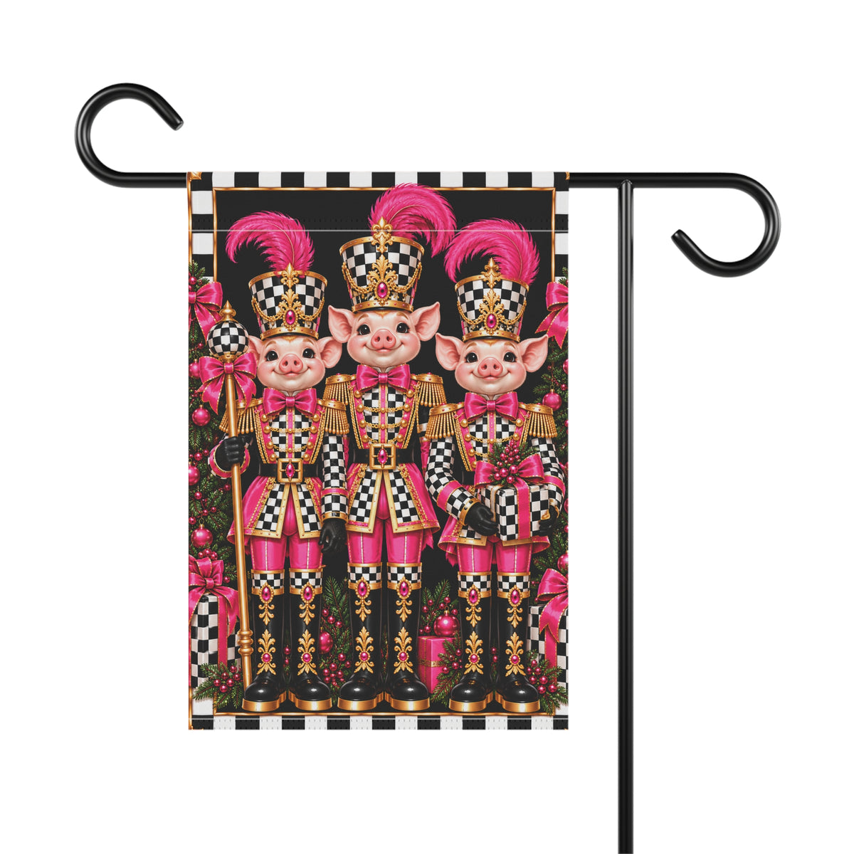 Garden Flag - black and white check pink pig nutcrackers