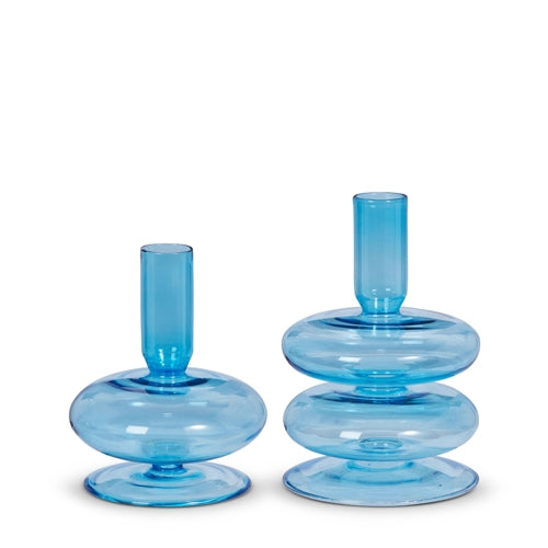 Glass 6" & 5" Blue Bubble Candle Sticks - SET OF 2