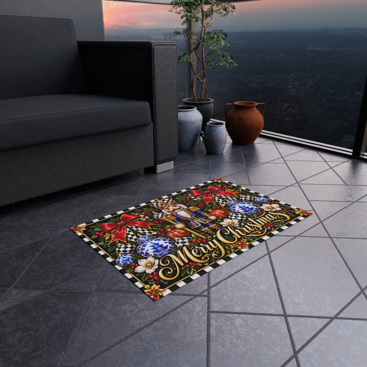 Outdoor Rug - black and white check chinoiserie nutcracker merry Christmas