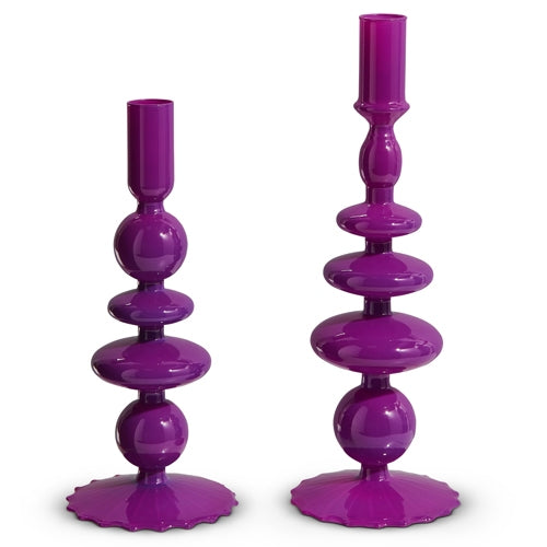 Glass 10.25" & 8.25" Purple Candle Sticks - SET OF 2
