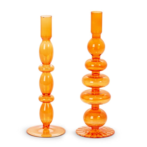 Glass 10.25" Orange Candle Sticks - SET OF 2
