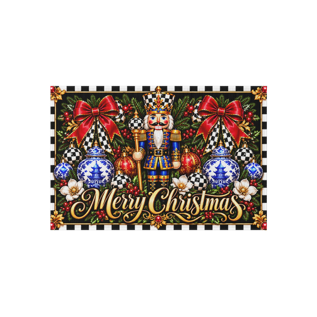 Outdoor Rug - black and white check chinoiserie nutcracker merry Christmas