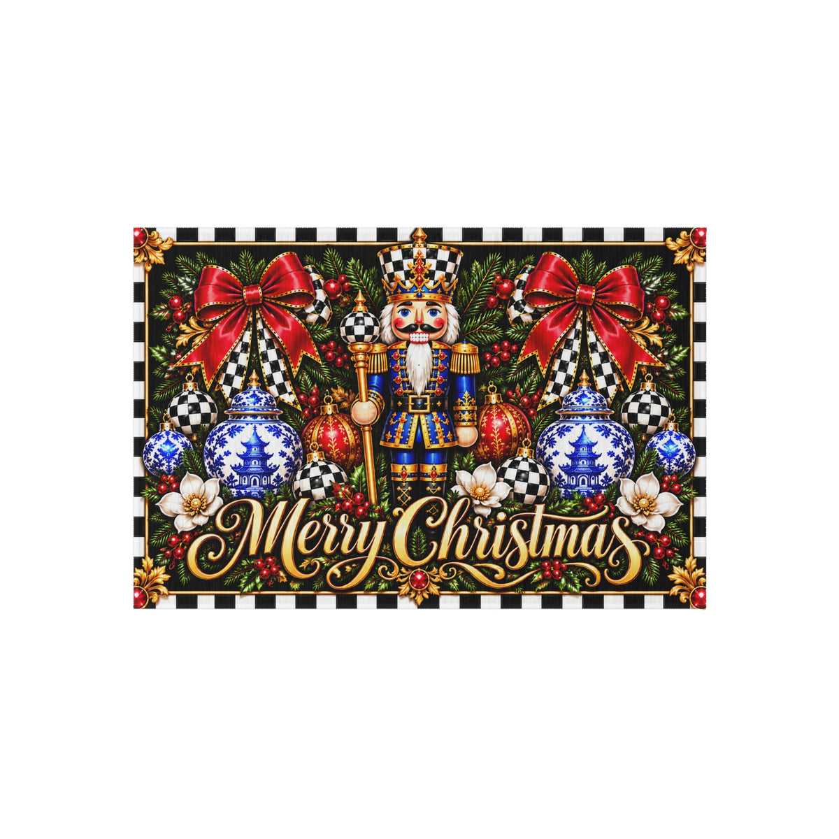 Outdoor Rug - black and white check chinoiserie nutcracker merry Christmas