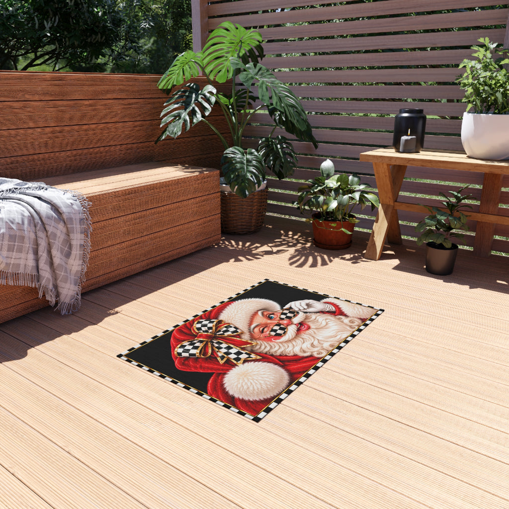Outdoor Rug - black and white check red Santa