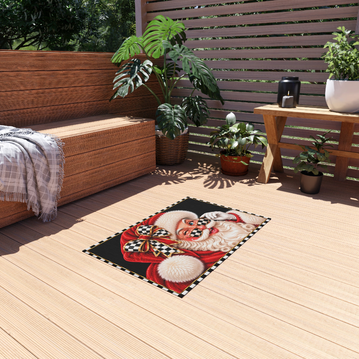 Outdoor Rug - black and white check red Santa