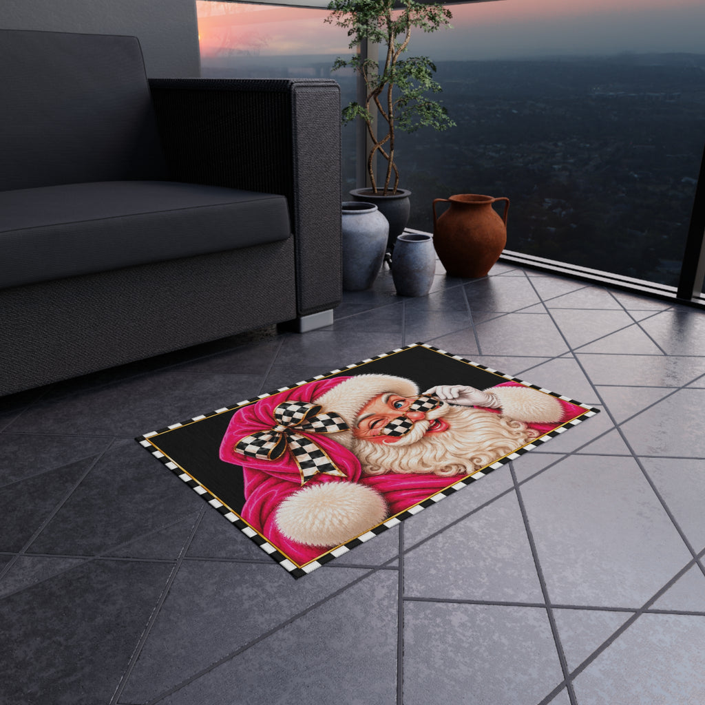 Outdoor Rug - black and white check pink Santa