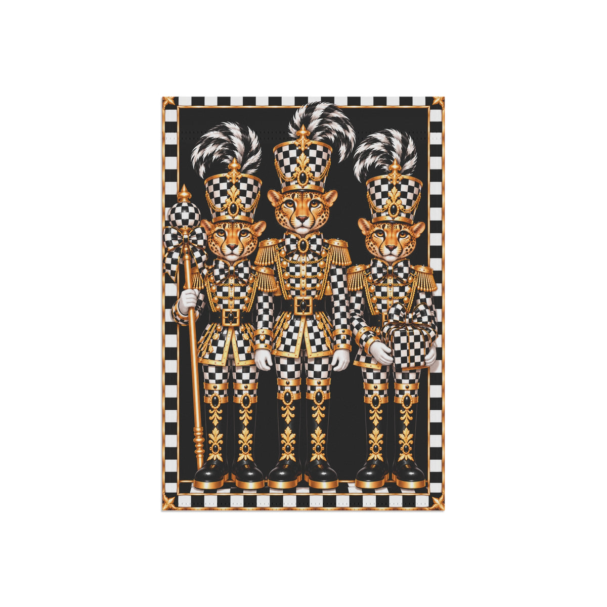 Garden Flag - black and white check cheetah nutcrackers
