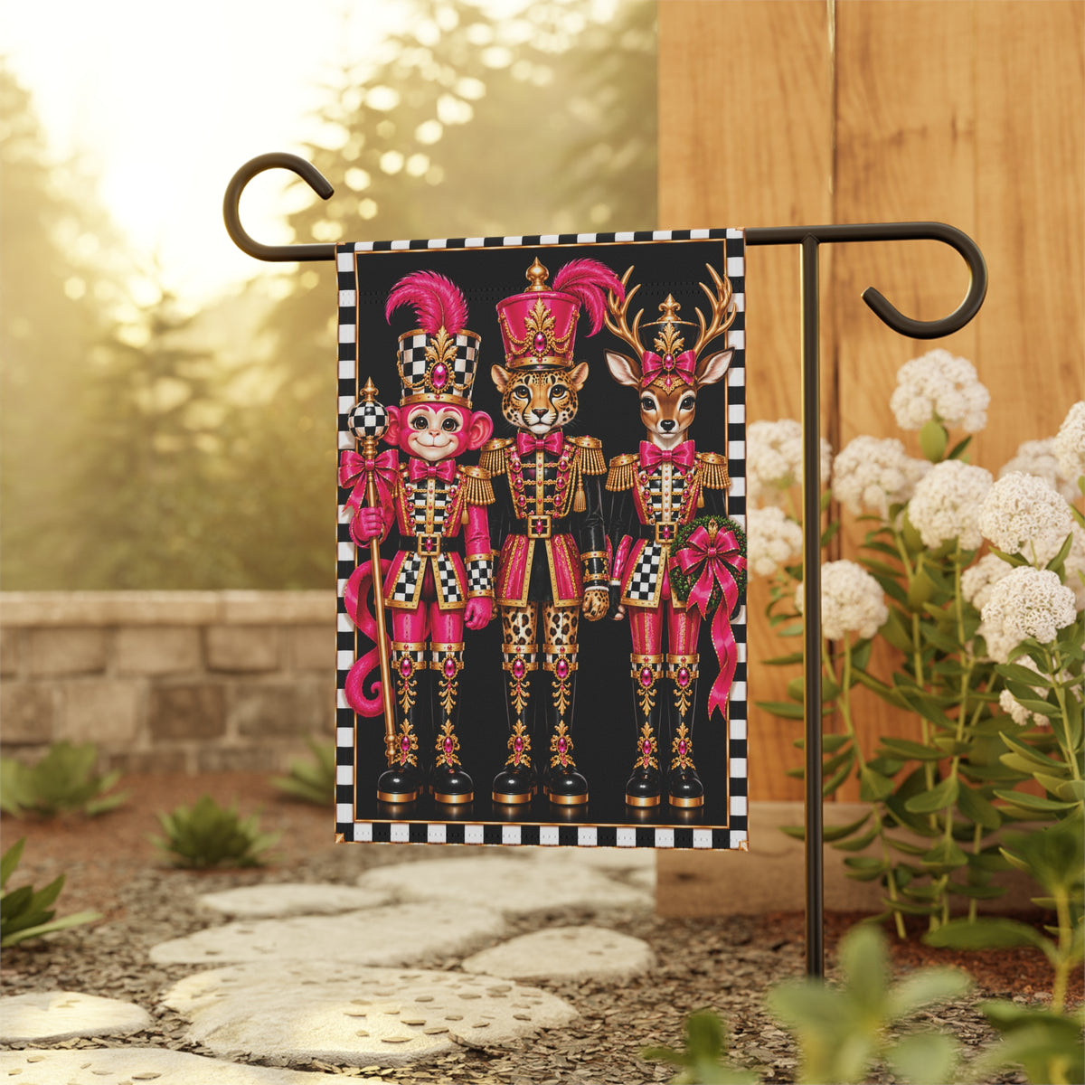 Garden Flag - pink monkey cheetah deer nutcrackers
